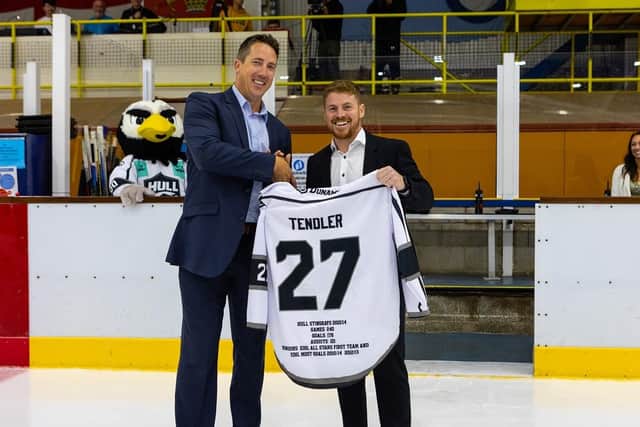 BIG NIGHT: Hull Seahawks' player-coach Matty Davies (right) presents former Hull Stingrays' forward Jereme Tendler with a special replica jersey, his number - 27 - being retired to the Hull Ice Arena rafters prior to Sunday's NIHL National home game against Milton Keynes Lightning. Goalscoring legend Tendler became a favourite with fans during four seasons with the club between 2010-2014. Picture courtesy of Tony King'Seahawks Media