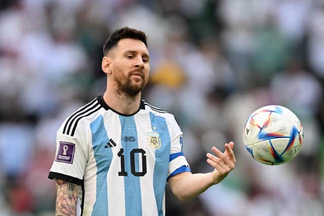 LUSAIL CITY, QATAR - NOVEMBER 22: Lionel Messi of Argentina reacts during the FIFA World Cup Qatar 2022 Group C match between Argentina and Saudi Arabia at Lusail Stadium on November 22, 2022 in Lusail City, Qatar. (Photo by Matthias Hangst/Getty Images)
