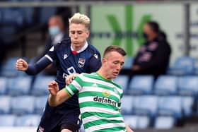 Oli Shaw (left), pictured in his time at Ross County and Celtic's David Turnbull (right) battle for the ball during the Scottish Premiership match at the Global Energy Stadium, Dingwall. Picture: Jeff Holmes/PA Wire.
