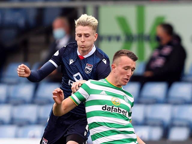 Oli Shaw (left), pictured in his time at Ross County and Celtic's David Turnbull (right) battle for the ball during the Scottish Premiership match at the Global Energy Stadium, Dingwall. Picture: Jeff Holmes/PA Wire.