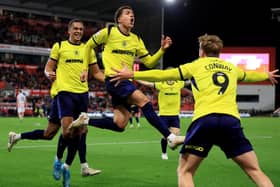 Middlesbrough's Neto Borges (centre) celebrates with his team mates after scoring his side's winning goal at Stoke.