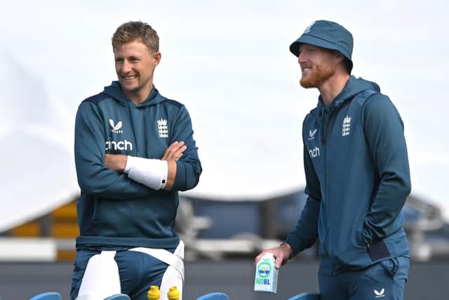 England Test captains past and present. Joe Root, left, and Ben Stokes pictured on Tuesday at Headingley, where they are confident that the Ashes fightback will begin. Photo by Stu Forster/Getty Images.
