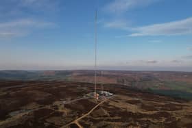 An aerial view of the Bilsdale TV mast.