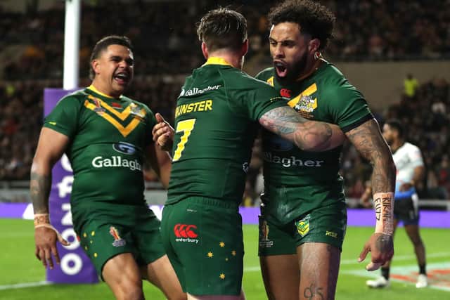 Josh Addo-Carr celebrates his try against Fiji. (Picture: Richard Sellers/PA Wire)