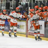 DOUBLE DELIGHT: Cole Shudra (far right) celebrates the first of his two goals for Sheffield Steelers against Dundee Stars on Saturday evening in Tayside. Picture: Derek Black/EIHL Media.