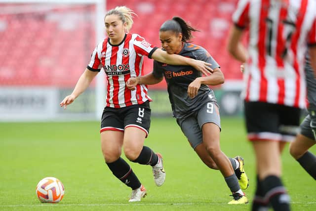 Maddy Cusack of Sheffield Utd battles for the ball with Shania Hayles of Bristol City  during the The FA Women's Championship match at Bramall Lane in October (Picture: Lexy Ilsley / Sportimage)
