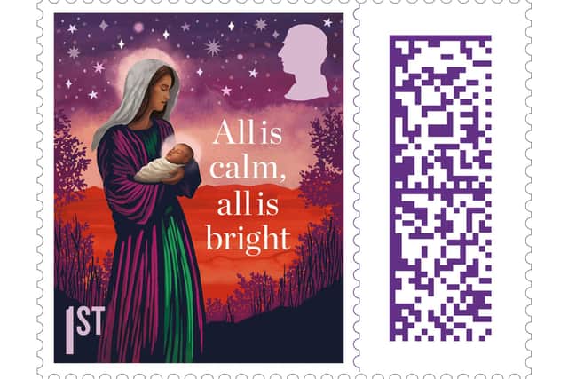 The stamps are inspired by traditional Christmas carols O Holy Night, O Little Town of Bethlehem, Silent Night, Away in a Manger, and We Three Kings.