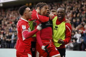 Middlesbrough's Chuba Akpom celebrates his goal with team mates during the Sky Bet Championship match at the Riverside Stadium, Middlesbrough. Picture date: Saturday February 18, 2023.
