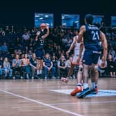 For three: Jordan Ratinho takes a three-point shot for Sheffield Sharks against Leicester Riders in last week's decisive play-off game.