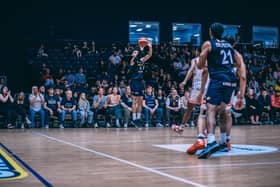 For three: Jordan Ratinho takes a three-point shot for Sheffield Sharks against Leicester Riders in last week's decisive play-off game.