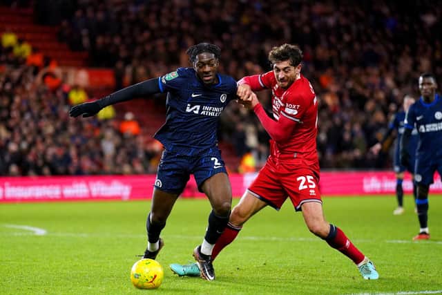 Chelsea's Axel Disasi (left) and Middlesbrough's Matt Crooks battle for the ball during the Carabao Cup semi final first leg match at the Riverside Stadium, Middlesbrough. Picture: Owen Humphreys/PA Wire.