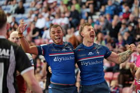 Wakefield Trinity's Corey Hall celebrates scoring a try on the road to Old Trafford.