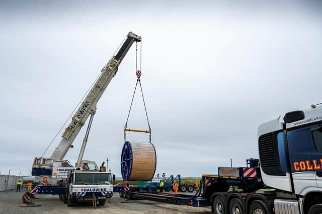 Pictured at the Dogger Bank site in the East Riding of Yorkshire is the arrival of huge cable drums of copper cable marking the next phase in the installation of on-shore services to the off-shore windfarm. Image ©Darren Casey/DCimaging2020