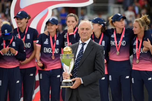 Colin Graves seen here in his former role as chairman of the England and Wales Cricket Board and about to present the ICC Women's World Cup trophy in 2017 to England captain Heather Knight. Photo by Stu Forster/Getty Images.