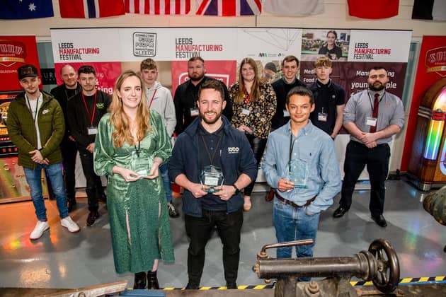 The Leeds Manufacturing Festival Next Gen Awards 2022, held at Sound Leisure in Leeds. The award winners, front row from the left, Eleanor McGuire, Adam Benn and Louis Audain, with the other nominees. Photo by Simon Dewhurst.