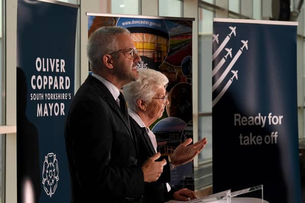 Oliver Coppard and Ros Jones at a press conference announcing a plan to purchase Doncaster Sheffield Airport. Picture: Simon Hulme