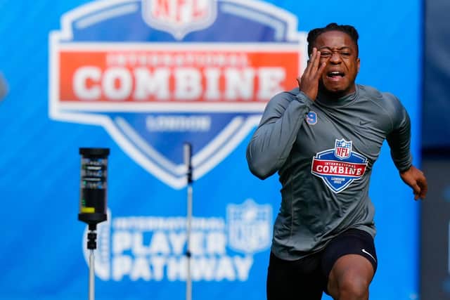 Jacob Smillie running the 40-yard dash at the NFL International Combine. The flying winger is now set to make a comeback in rugby (Picture: Dave Shopland /NFL)