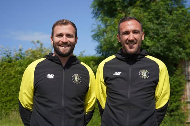 New Harrogate Town professional development phase coach Rory McArdle (right), pictured with academy manager Josh Law. McArdle recently retired from playing following a career which saw him represent Harrogate, Bradford City and Sheffield Wednesday. Picture courtesy of Harrogate Town AFC.
