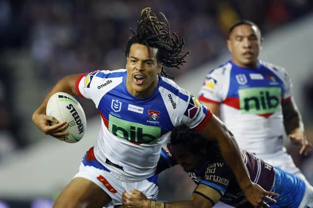 HELLO AGAIN: Dom Young is tackled while playing for Newcastle Knights against NRL rivals Manly Sea Eagles in July this year. The former Huddersfield player wants to show his quality for England in the World Cup. Picture: Mark Evans/Getty Images