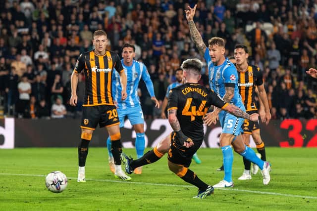 Aaron Connolly gets in a shot for Hull City in the 1-1 draw with Coventry City. (Picture: Bruce Rollinson)