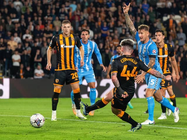 Aaron Connolly gets in a shot for Hull City in the 1-1 draw with Coventry City. (Picture: Bruce Rollinson)