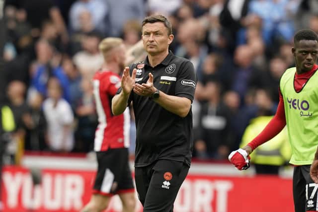 EARLY DEALS: Paul Heckingbottom manager of Sheffield United applauds the fans at the final whistle at Bramall Lane on Sunday. Picture: Andrew Yates/Sportimage