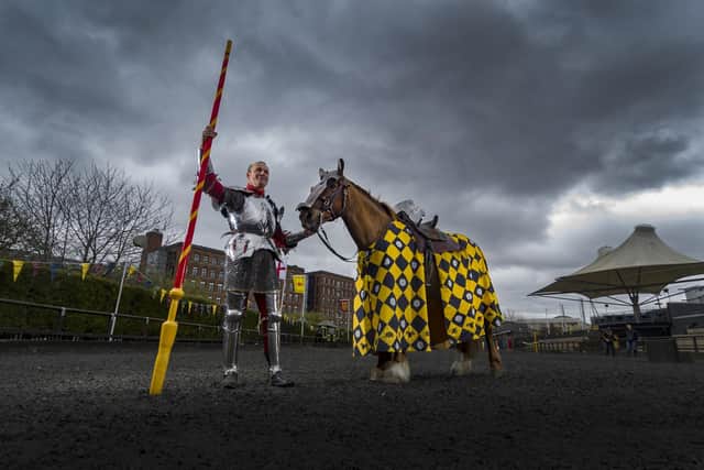 Date:24th March 2016. Picture James Hardisty.
The twentieth anniversary Easter Jousting Tournamnet at the Royal Armouries, Leeds. Pictured Andy Deane, holding Jasmine, from the Royal Armouries who will be representing England during the weekends contest.