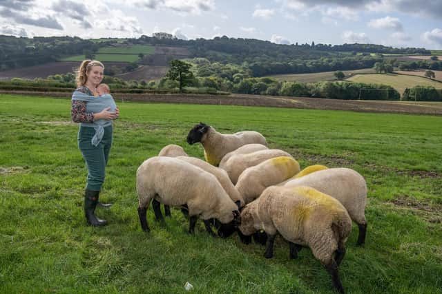 Their daughter-in-law Beth Thompson with her newborn son Leo and her flock of Suffolks