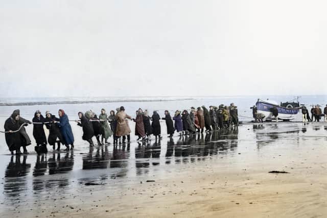The women launchers at Hauxley, Northumberland. Colourised images showcasing the heroism and community spirit of early lifeboat crews and volunteers have been released by the Royal National Lifeboat Institution (RNLI) ahead of its 200th anniversary. Issue date: Saturday February 10, 2024. Photo credit: RNLI/PA Wire