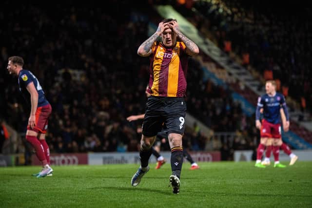 Missed chance for Andy Cook. Bradford City v Carlisle United.  SkyBet League 2.  University of Bradford Stadium.
Picture by Yorkshire Post Photographer Bruce Rollinson.
21 March 2023.  Picture Bruce Rollinson