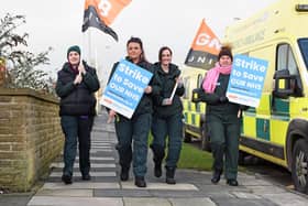 Striking ambulance workers, all GMB union members, picket Bradford Ambulance Station during todayâ€™s walkout, the second by ambulance workers this winter.
Picture taken on Wednesday, 11 January 2023.