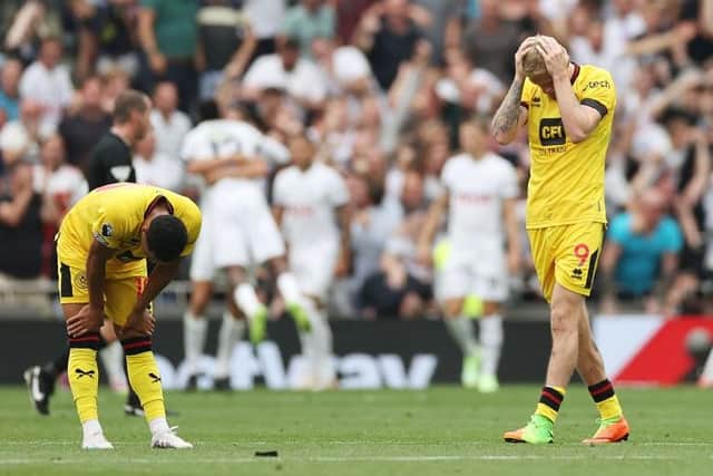 DESPAIR: Oli McBurnie reacts to Dejan Kulusevski's winner for Tottenham Hotspur