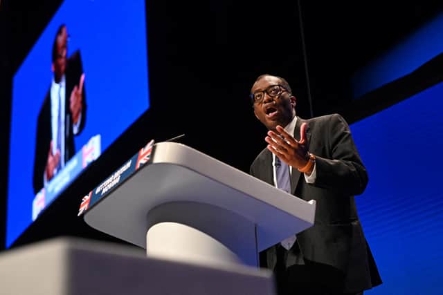 Britain's Chancellor of the Exchequer Kwasi Kwarteng delivers his keynote address on the second day of the annual Conservative Party Conference in Birmingham, central England, on October 3, 2022. (Photo by Oli SCARFF / AFP) (Photo by OLI SCARFF/AFP via Getty Images)