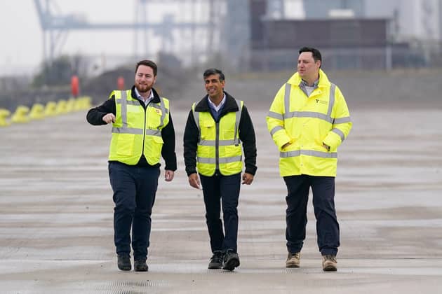 Prime Minister Rishi Sunak walks alongside Tees Valley Mayor Ben Houchen (right) and Redcar MP Jacob Young (left). PIC: Ian Forsyth/PA Wire