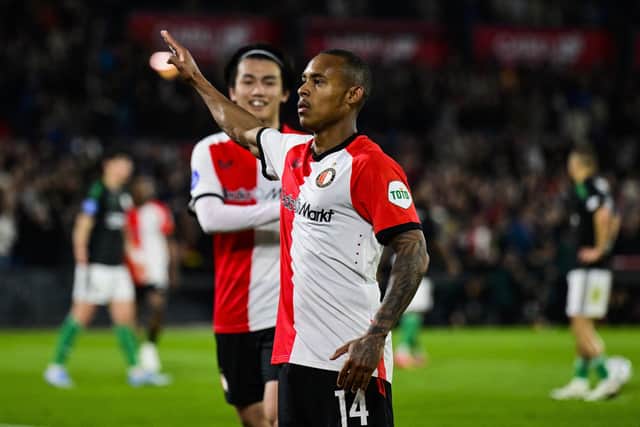Feyenoord's Brazilian forward #14 Igor Paixao reacts after scoring a goal during the Dutch Eredivisie football match between Feyenoord and PEC Zwolle at Feyenoord Stadium de Kuip in Rotterdam on April 25, 2025. (Photo by Olaf Kraak / ANP / AFP) / Netherlands OUT (Photo by OLAF KRAAK/ANP/AFP via Getty Images)