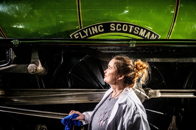 Katie Snow, Conservator stood at the side of special train which will be on show to the public from Saturday 1st April.