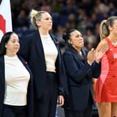 Liana Leota, centre clapping, and England Roses face New Zealand in Leeds on Saturday (Picture: Kai Schwoerer/Getty Images)
