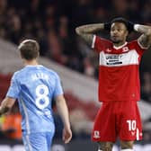 Middlesbrough's Delano Burgzorg (centre) reacts to a missed chance during the Sky Bet Championship match against Coventry (Picture: PA)