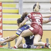 Final chance: Leeds’s Tara Moxon touches down for a try against Wigan as the Rhinos booked their place in the Challenge Cup final.
