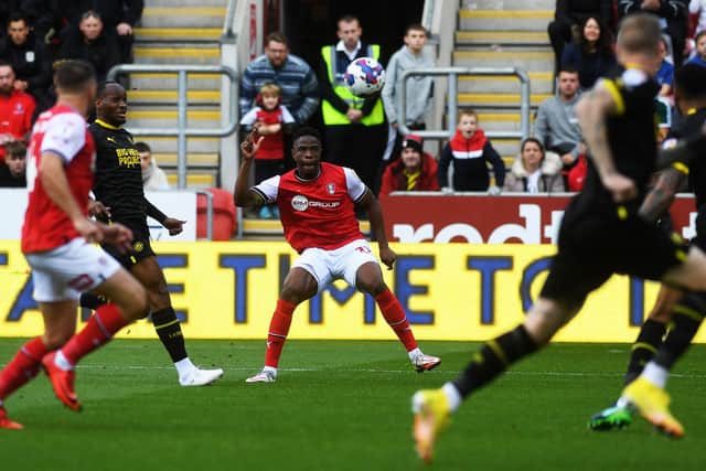 DENIED: Rotherham United's Chiedozie Ogbene has an effort cleared off the line