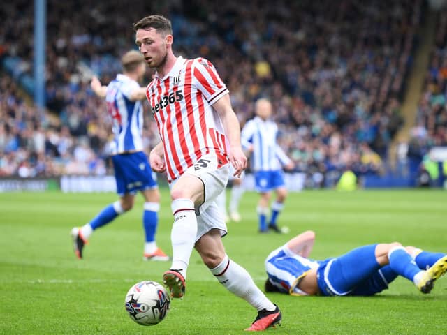 Luke McNally of Stoke City  in possession during the Sky Bet Championship match against Sheffield Wednesday at Hillsborough. Photo by Ben Roberts Photo/Getty Images.