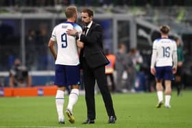 Harry Kane of England shakes hands with Gareth Southgate after the final whistle of during the UEFA Nations League League A Group 3 match between Italy and England at San Siro on September 23, 2022 in Milan, Italy. (Photo by Marco Luzzani/Getty Images)