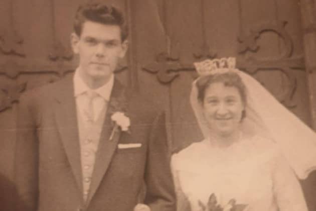 Alan and June King on their wedding day in 1959. They met as teenagers and spent the rest of their lives together before dying within 21 hours of each other. They shared a coffin, lying side by side and holding hands, at their funeral in Sheffield