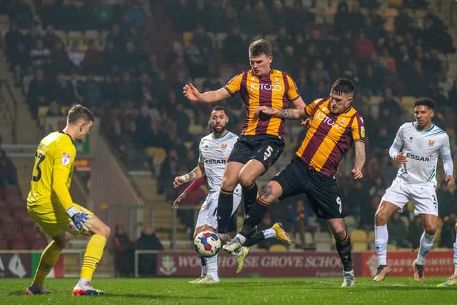 Bradford City's Matty Platt (centre) and Andy Cook, pictured in last month's home game against Tranmere Rovers. Picture: Bruce Rollinson.