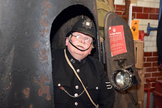 Blitz exhibition at National Emergency Services Museum. Paul Watson in a fire watch station.