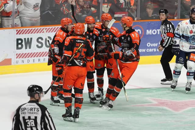 LEVEL PEGGING: Rob Dowd celebrates his goal for Sheffield Steelers in the 6-0 Challenge Cup win over Coventry Blaze. Picture: Cerys Heslop/Steelers Media.