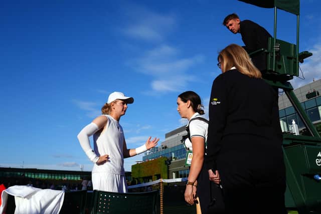STRUGGLING: Francesca Jones takes a time out during her match against Alycia Parks out on day two of Wimbledon. Picture: John Walton/PA