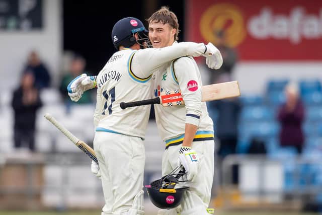 James Wharton is congratulated by Jonny Bairstow on reaching his double century. Picture by Allan McKenzie/SWpix.com