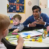 Prime Minister Rishi Sunak during a visit to Aldersyde Day Nursery in Hartlepool, North East of England as the first parents in England start to benefit from 15 hours of taxpayer-funded care for two-year-olds. PIC: Paul Ellis/PA Wire