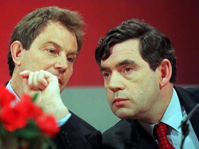 Tony Blair, the then Labour party leader, and Gordon Brown, then shadow chancellor, confer at a 1997 election campaign press conference. PIC: Getty - Johnny Eggitt/AFP